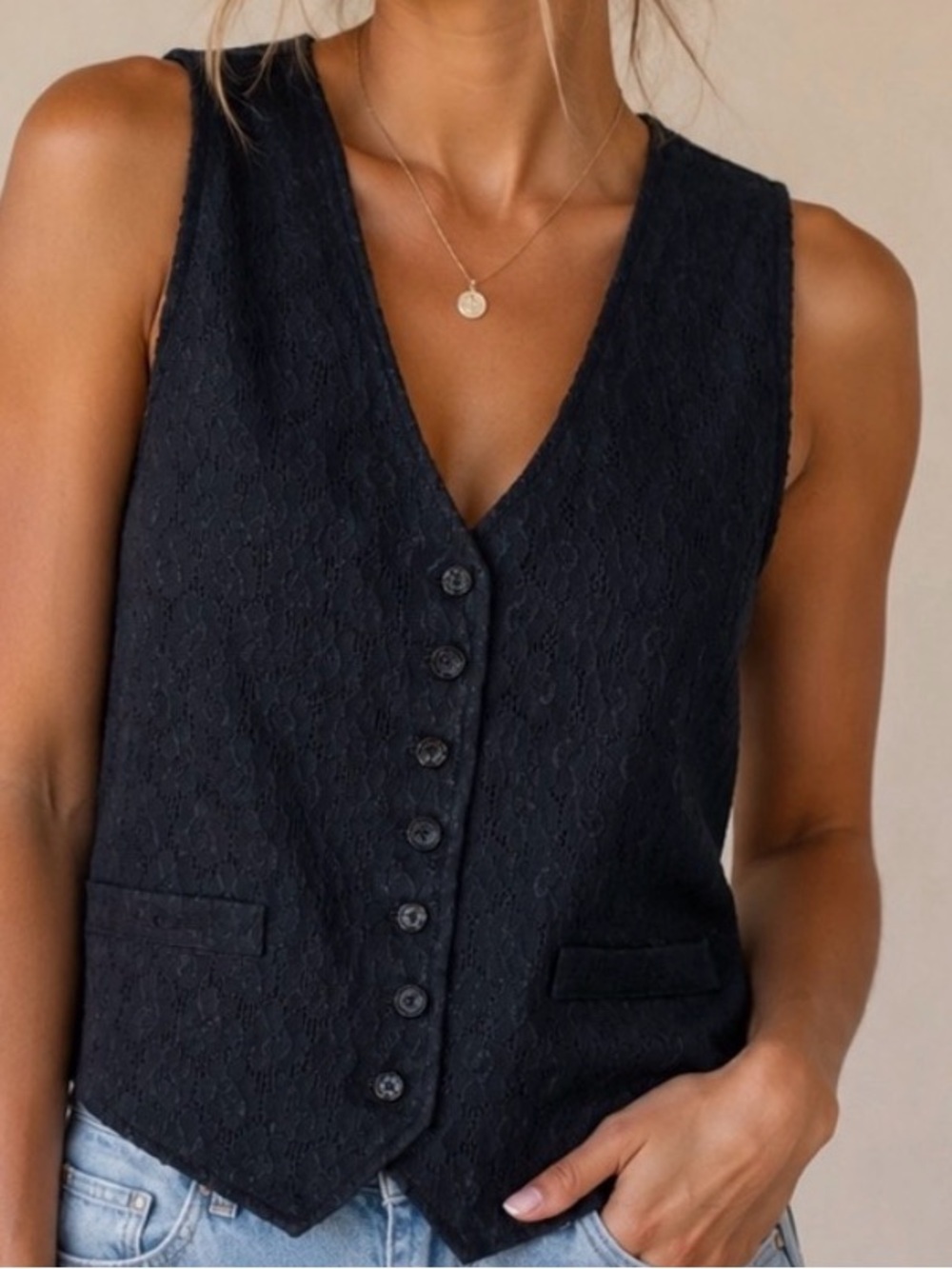 Vintage Black Button Front Vest with Lace Overlay by Pierre Cardin Large